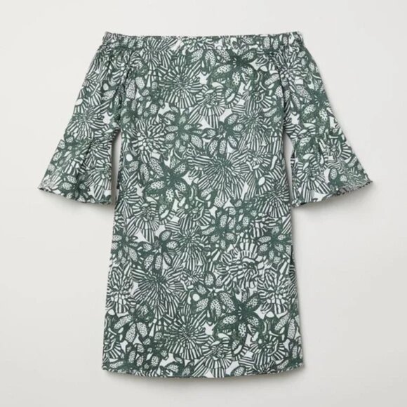 H&M Off-Shoulder Leaf Print Dress in Green and White - Picture 1 of 4